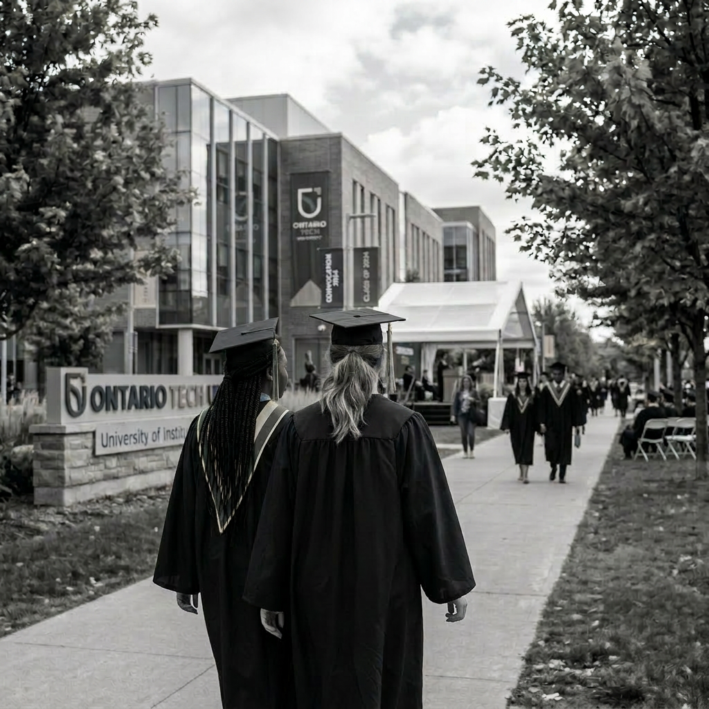 Student walking on Ontario Tech University campus holding a coffee cup